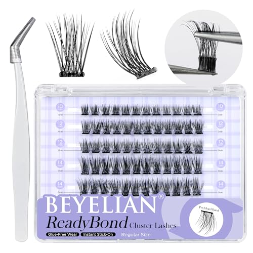 BEYELIAN Self Adhesive Lash Clusters Kit D+ Curl Press-On No Glue Needed DIY Lash Extension Reusable Cluster Lashes Fuss Free No Sticky Residue Self Application at Home 10-16mm 72 Pcs (R06) - Morena Vogue