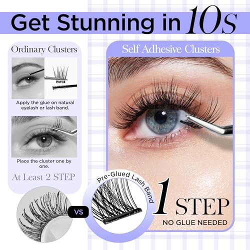 BEYELIAN Self Adhesive Lash Clusters Kit D+ Curl Press-On No Glue Needed DIY Lash Extension Reusable Cluster Lashes Fuss Free No Sticky Residue Self Application at Home 10-16mm 72 Pcs (R06) - Morena Vogue