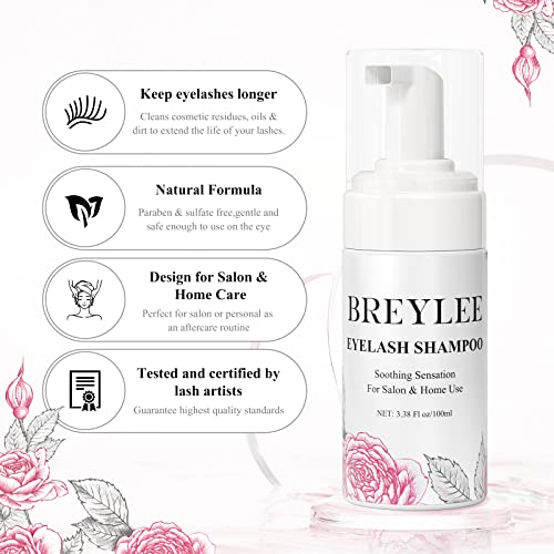 BREYLEE 100 ml Lash Shampoo for Lash Extensions, Lash Fan Dryer+Rinse Bottle+Brushes+Cotton Puff, Eyelash Extension Cleanser, Lash Bath Wash Soap Foam Cleaner for Salon and Home Use - Morena Vogue