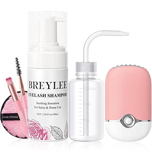 BREYLEE 100 ml Lash Shampoo for Lash Extensions, Lash Fan Dryer+Rinse Bottle+Brushes+Cotton Puff, Eyelash Extension Cleanser, Lash Bath Wash Soap Foam Cleaner for Salon and Home Use - Morena Vogue