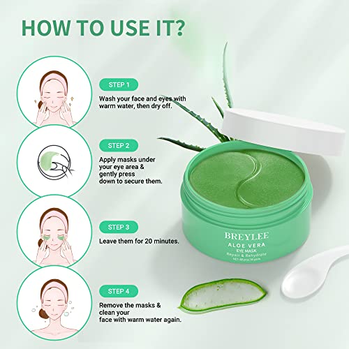 BREYLEE Aloe Vera Eye Mask– 60 Pcs - Puffy Eyes and Dark Circles Treatments – Look Younger and Reduce Wrinkles and Fine Lines Undereye, Improve and Firm eye Skin - Pure Natural Material Extraction - Morena Vogue