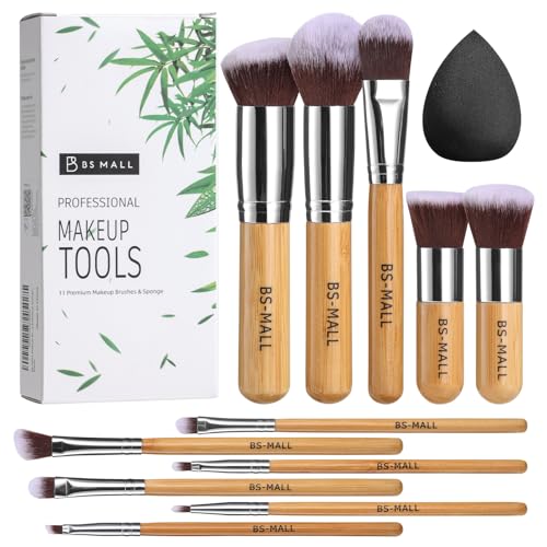 BS-MALL Makeup Brush Set 11Pcs Bamboo Synthetic Kabuki Brush Set Foundation Powder Blending Concealer Eye shadows Blush Cosmetics Brushes with Organizer Bag & Makeup Sponge - Morena Vogue