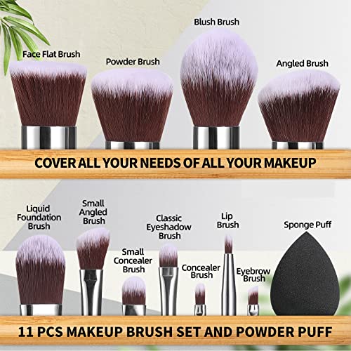 BS-MALL Makeup Brush Set 11Pcs Bamboo Synthetic Kabuki Brush Set Foundation Powder Blending Concealer Eye shadows Blush Cosmetics Brushes with Organizer Bag & Makeup Sponge - Morena Vogue