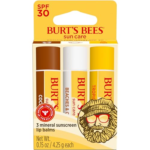 Burt’s Bees SPF 30 Lip Balm Mothers Day Gifts for Mom, Island Getaway - Coco Loco, Beaches & Cream, Tropic Like It's Hot, Water-Resistant Sun Care, Natural Origin Lip Treatment, 3 Tubes, 0.15 oz - Morena Vogue