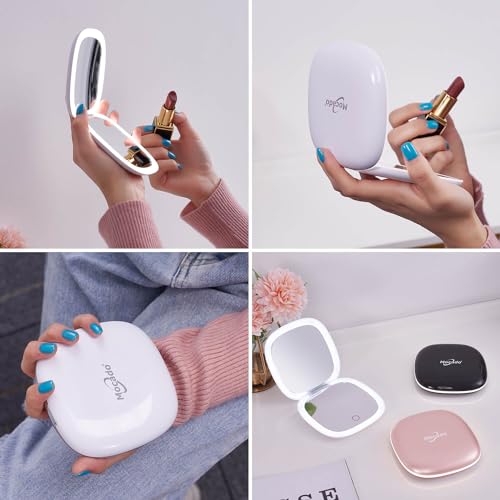 Compact LED Magnifying Travel Makeup-Mirror - 4 inches 1X/10X Magnification Small Hand Pocket Dimmable Double Sided USB Rechargeable Touch Screen, Portable Tabletop Cosmetic (White) - Morena Vogue