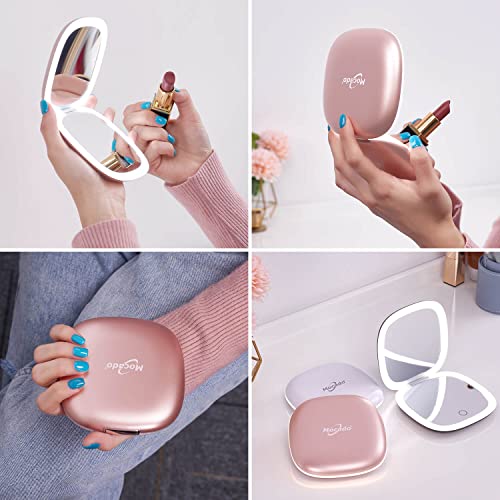 Compact LED Magnifying Travel Makeup-Mirror - 4 inches 1X/10X Magnification Small Hand Pocket Dimmable Double Sided USB Rechargeable Touch Screen, Portable Tabletop Cosmetic (Rose Gold) - Morena Vogue