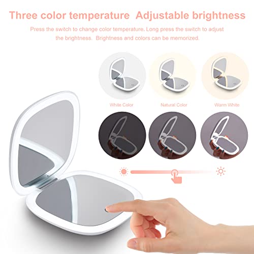 Compact LED Magnifying Travel Makeup-Mirror - 4 inches 1X/10X Magnification Small Hand Pocket Dimmable Double Sided USB Rechargeable Touch Screen, Portable Tabletop Cosmetic (White) - Morena Vogue