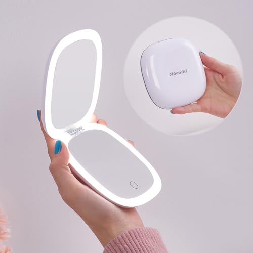 Compact LED Magnifying Travel Makeup-Mirror - 4 inches 1X/10X Magnification Small Hand Pocket Dimmable Double Sided USB Rechargeable Touch Screen, Portable Tabletop Cosmetic (White) - Morena Vogue