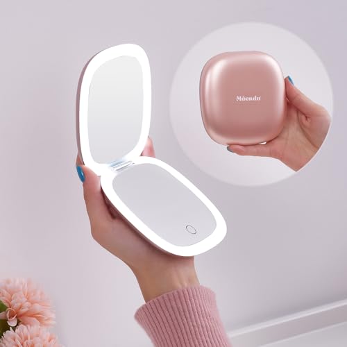 Compact LED Magnifying Travel Makeup-Mirror - 4 inches 1X/10X Magnification Small Hand Pocket Dimmable Double Sided USB Rechargeable Touch Screen, Portable Tabletop Cosmetic (Rose Gold) - Morena Vogue