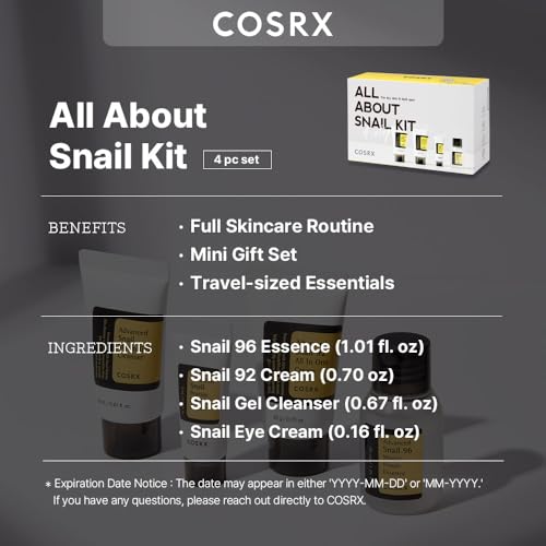 COSRX All About Snail Korean Skincare | TSA Approved Travel Size, Gift Set with Face Gel Cleanser, Essence, Cream & Eye-cream, Repairing, Recovering, Rejuvenating Kit with Snail Mucin, Korean Skincare - Morena Vogue