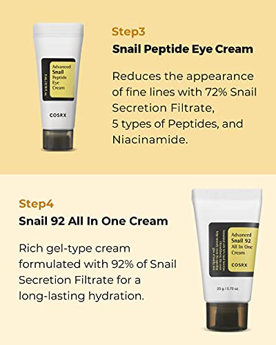 COSRX All About Snail Korean Skincare | TSA Approved Travel Size, Gift Set with Face Gel Cleanser, Essence, Cream & Eye-cream, Repairing, Recovering, Rejuvenating Kit with Snail Mucin, Korean Skincare - Morena Vogue