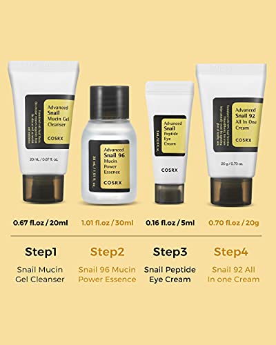 COSRX All About Snail Korean Skincare | TSA Approved Travel Size, Gift Set with Face Gel Cleanser, Essence, Cream & Eye-cream, Repairing, Recovering, Rejuvenating Kit with Snail Mucin, Korean Skincare - Morena Vogue