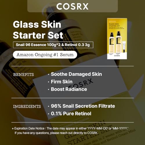 COSRX Glass Skin Starter Set, Advanced Snail 96 Mucin Power Essence (3.38 fl.oz*2) & Retinol 0.1 Cream Mini (0.1 oz), Daily Hydrating & Firming Skincare Kit for Beginners, Gift Set, Korean Skincare - Morena Vogue