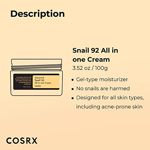 COSRX Snail Mucin 92% Repair Cream, Daily Face Gel Moisturizer for Dry Skin, Acne-prone, Sensitive Skin, Not Tested on Animals, No Parabens, Korean Skincare (3.52 Fl Oz (Pack of 1)) - Morena Vogue