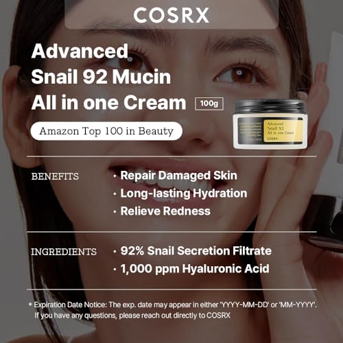 COSRX Snail Mucin 92% Repair Cream, Daily Face Gel Moisturizer for Dry Skin, Acne-prone, Sensitive Skin, Not Tested on Animals, No Parabens, Korean Skincare (3.52 Fl Oz (Pack of 1)) - Morena Vogue