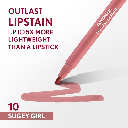 COVERGIRL Outlast, 10 Sugey Girl, Lipstain, Smooth Application, Precise Pen-Like Tip, Transfer-Proof, Satin Stained Finish, Vegan Formula, 0.06oz - Morena Vogue