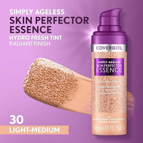 Covergirl Simply Ageless Skin Perfector Essence Foundation, 30 Light-Medium, Tinted Skin Perfector, Skincare Makeup Hybrid, Sheer Tint, Radiant Finish, Skin-Like Finish, Vegan Formula, 1.0oz - Morena Vogue