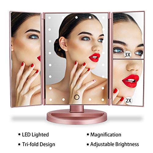 deweisn Dresser Mount Tri-Fold Lighted Vanity Mirror with 21 LED Lights, Touch Screen and 3X/2X/1X Magnification, Two Power Supply Modes Make Up Mirror,Travel Mirror - Morena Vogue