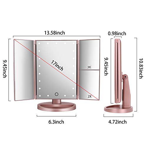 deweisn Dresser Mount Tri-Fold Lighted Vanity Mirror with 21 LED Lights, Touch Screen and 3X/2X/1X Magnification, Two Power Supply Modes Make Up Mirror,Travel Mirror - Morena Vogue