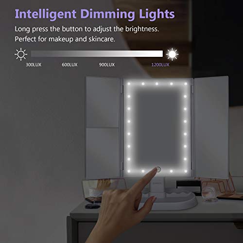 deweisn Trifold Lighted Vanity Makeup Mirror with 21 LEDs Lights,1x/2x/3x Magnification and Touch Screen Dimming,Two Power Supplies Makeup Mirror, Gift for Women - Morena Vogue