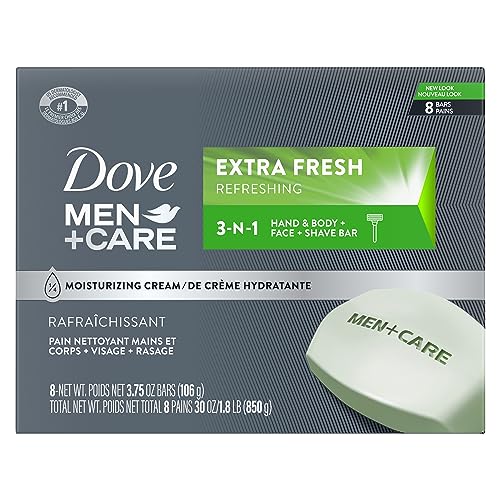 DOVE MEN + CARE 3 in 1 Bar Cleanser for Body, Face, and Shaving Extra Fresh Body and Facial Cleanser More Moisturizing Than Bar Soap to Clean and Hydrate Skin 3.75 Ounce (Pack of 8) - Morena Vogue