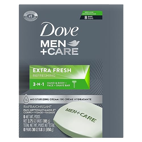 DOVE MEN + CARE 3 in 1 Bar Cleanser for Body, Face, and Shaving Extra Fresh Body and Facial Cleanser More Moisturizing Than Bar Soap to Clean and Hydrate Skin 3.75 Ounce (Pack of 8) - Morena Vogue