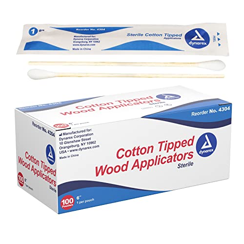 Dynarex 6-Inch Sterile Cotton Tipped Applicators - Single-Use Wooden Cotton Tip Applicators for Wound Care & Dressing, Hygiene, Makeup, Cleaning - 1 Box of 100 Pouches, 1 per Pouch - Morena Vogue