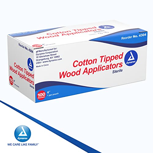 Dynarex 6-Inch Sterile Cotton Tipped Applicators - Single-Use Wooden Cotton Tip Applicators for Wound Care & Dressing, Hygiene, Makeup, Cleaning - 1 Box of 100 Pouches, 1 per Pouch - Morena Vogue