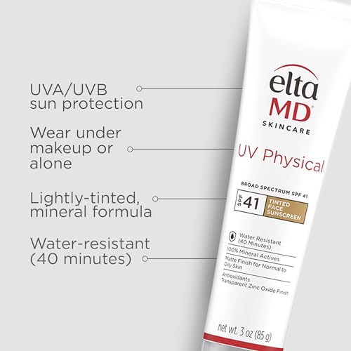 EltaMD UV Physical Tinted Face Sunscreen, SPF 41 Tinted Mineral Sunscreen with Zinc Oxide, Water Resistant up to 40 Minutes, Protects Extra Sensitive and Post Procedure Skin, Oil Free, 3.0 oz Tube - Morena Vogue