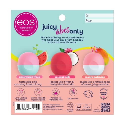 eos Juicy Vibes Lip Balm Variety Pack- Watermelon Frosé, Mango Melonade & Coconut Milk, All-Day Moisture Lip Care Products, 0.25 oz, 3-Pack - Morena Vogue