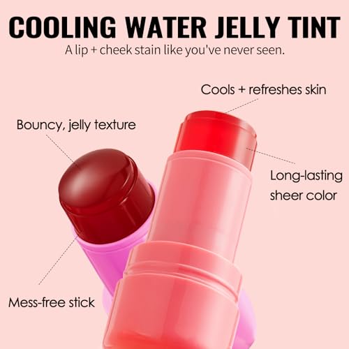 Erinde Cooling Water Jelly Tint, Jelly Blush Stick, Sheer Lip & Cheek Stain, Buildable Watercolor Finish, Multi-Use Matte Blush Lip Tinted Makeup, Waterproof Long Lasting Lip Gloss, Coral - Morena Vogue