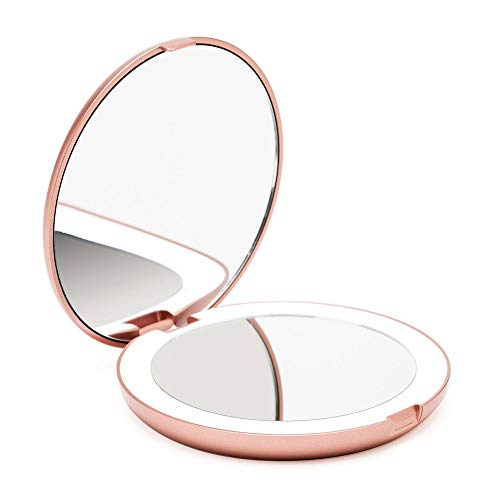 Fancii LED Lighted Travel Makeup Mirror, 1x/10x Magnification - Daylight LED, Compact, Portable, Large 5" Wide Illuminated Folding Mirror (Lumi) Rose Gold - Morena Vogue