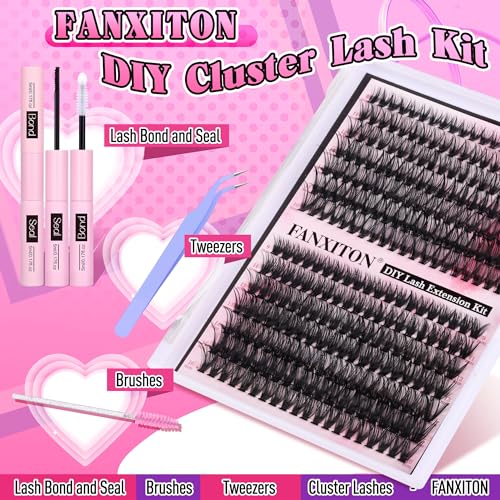 FANXITON DIY Lash Extension Kit Volume Lash Clusters 40D+50D D Curl Individual Lashes Lash Clusters Kit Thick Eyelash Extension Kit 280pcs Thin Band Cluster Lashes Lash Bond and Seal and Lash Tweezers - Morena Vogue