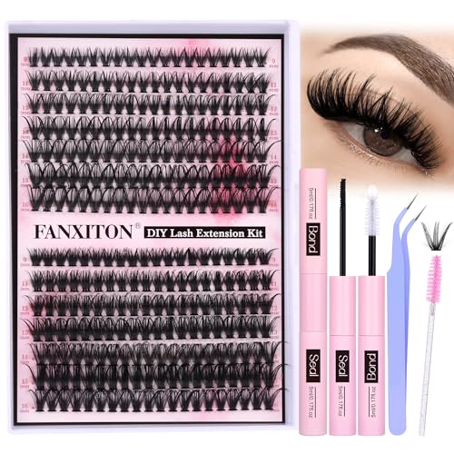 FANXITON DIY Lash Extension Kit Volume Lash Clusters 40D+50D D Curl Individual Lashes Lash Clusters Kit Thick Eyelash Extension Kit 280pcs Thin Band Cluster Lashes Lash Bond and Seal and Lash Tweezers - Morena Vogue