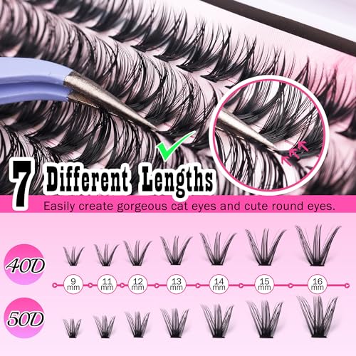 FANXITON DIY Lash Extension Kit Volume Lash Clusters 40D+50D D Curl Individual Lashes Lash Clusters Kit Thick Eyelash Extension Kit 280pcs Thin Band Cluster Lashes Lash Bond and Seal and Lash Tweezers - Morena Vogue