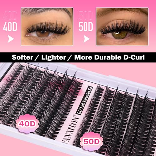 FANXITON DIY Lash Extension Kit Volume Lash Clusters 40D+50D D Curl Individual Lashes Lash Clusters Kit Thick Eyelash Extension Kit 280pcs Thin Band Cluster Lashes Lash Bond and Seal and Lash Tweezers - Morena Vogue