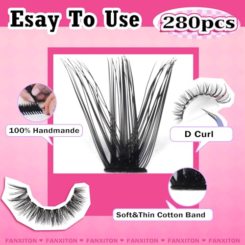 FANXITON DIY Lash Extension Kit Volume Lash Clusters 40D+50D D Curl Individual Lashes Lash Clusters Kit Thick Eyelash Extension Kit 280pcs Thin Band Cluster Lashes Lash Bond and Seal and Lash Tweezers - Morena Vogue