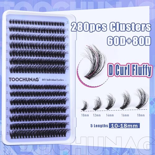 Fluffy Lash Clusters 60D+80D Thick Eyelash Clusters D Curl Wispy Individual Lashes 10-18mm Cluster Eyelash Extensions 280pcs False Mink Eyelashes DIY Flat Lash Extension by TOOCHUNAG - Morena Vogue