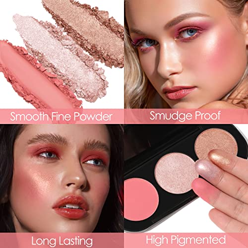 FOCALLURE Blush and Highlighter Palette,3 in 1 Makeup Powder, Cruelty-Free Matte, Shimmer Illuminator for a Glowing Look,#03 - Morena Vogue