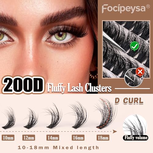 Focipeysa Lash Extension Kit Thick Eyelash Extension Kit 10-18mm Fluffy Lash Clusters 200D Individual Eyelashes Kit with Lash Bond, Lash Remover, Lash Applicator, DIY Lashes Extension - Morena Vogue