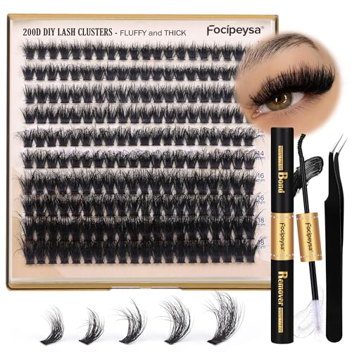 Focipeysa Lash Extension Kit Thick Eyelash Extension Kit 10-18mm Fluffy Lash Clusters 200D Individual Eyelashes Kit with Lash Bond, Lash Remover, Lash Applicator, DIY Lashes Extension - Morena Vogue