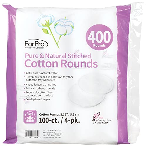 ForPro Professional Collection Pure & Natural Stitched Cotton Rounds for Face, 100% Pure Cotton Makeup Remover Pads, Hypoallergenic, Lint-Free, Vegan & Cruelty-Free, Pack of 4-100 Cotton Pads - Morena Vogue