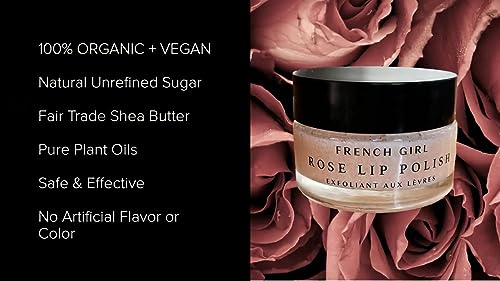 French Girl Rose Lip Scrub - Organic Sugar Scrub For Lips, Hydrating Lip Exfoliator & Moisturizer with Shea Butter & Essential Oils, Treatment for Dry Lips, Clean, Vegan & Cruelty-Free, 1oz - Morena Vogue