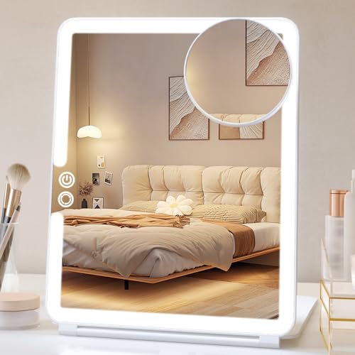 FUNTOUCH 1800mAh Rechargeable Large Travel Makeup Mirror, 10x7.5 Portable Lighted Makeup Mirror with 10X Magnifying Mirror 3 Color Lights, Touch Screen Dimming Folding Light Up Mirror for Travel - Morena Vogue