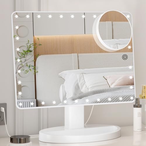 FUNTOUCH Large Lighted Vanity Makeup Mirror (X-Large) with 35 LED Lights, Touch Screen Dimmable and 10X Magnification Dual Power Supply 360°Rotation Tabletop Cosmetic Mirror - Morena Vogue