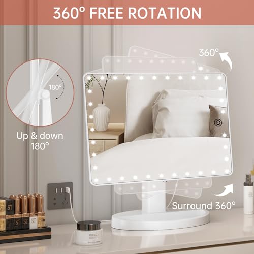 FUNTOUCH Large Lighted Vanity Makeup Mirror (X-Large) with 35 LED Lights, Touch Screen Dimmable and 10X Magnification Dual Power Supply 360°Rotation Tabletop Cosmetic Mirror - Morena Vogue