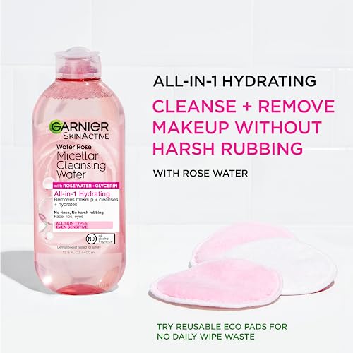 Garnier Micellar Water with Rose Water and Glycerin, Facial Cleanser & Makeup Remover, All-in-1 Hydrating, 13.5 Fl Oz (400mL), 1 Count (Packaging May Vary) - Morena Vogue