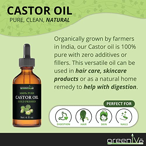 GreenIVe Castor Oil Organically Grown 100% Pure 4oz Glass Bottle Cold Pressed, Hexane Free, Eyelash and Eybrow Growth Serum, Skin Moisturizer with Eyelash Applicator and Dropper - Morena Vogue