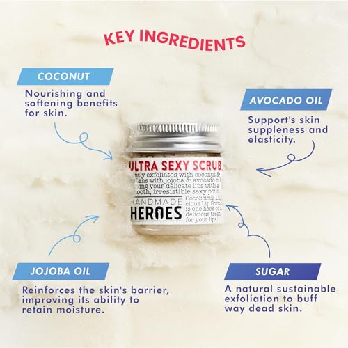 Handmade Heroes 100% Natural Lip Scrub, Vegan Conditioning Coconut Exfoliator - Gentle Exfoliant, Sugar Polish and Scrubber for Chapped Dry Lips, 1oz (Coconut Sorbet) - Morena Vogue