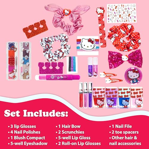 Hello Kitty - Townley Girl Train Case Cosmetic Makeup Set Includes Lip Gloss, Eye Shimmer, Nail Polish, Hair Accessories & More! For Girls, Ages 3+ Perfect for Parties & Makeovers - Morena Vogue